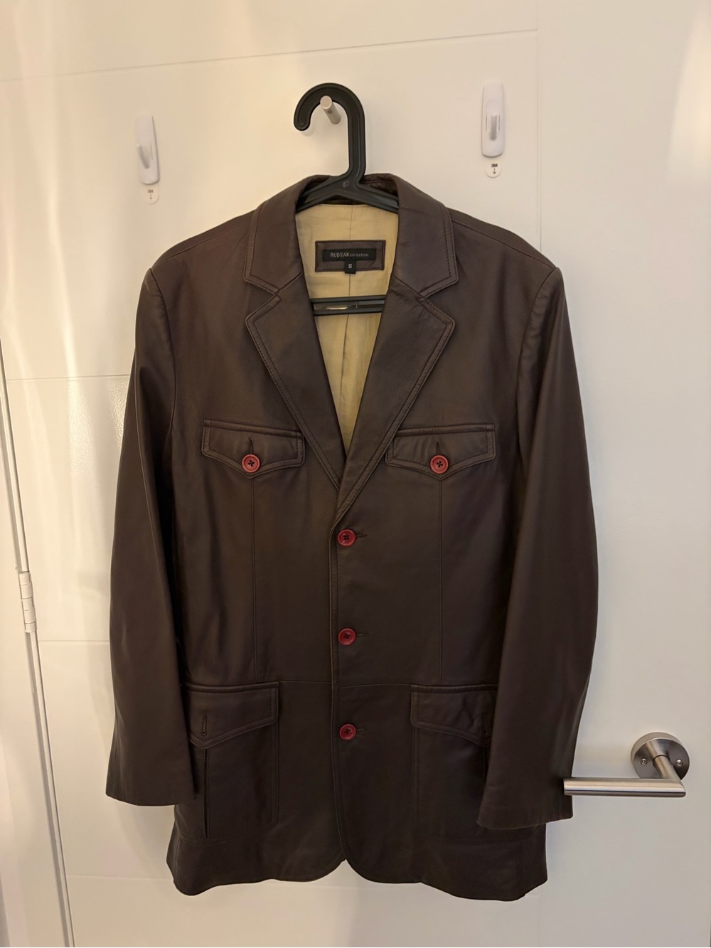 RUDSAK Brown Leather Blazer with Red Buttons